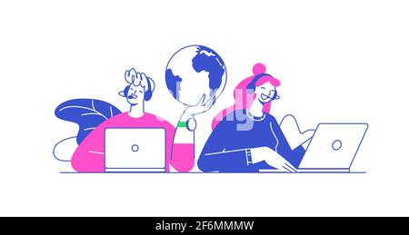 Flat vector design illustrations, technical support assistant, customer and operator vector. Customer service, hotline operator advises customer Stock Vector