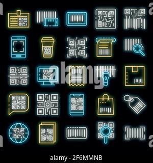 QR code icons set. Outline set of QR code vector icons neon color on black Stock Vector
