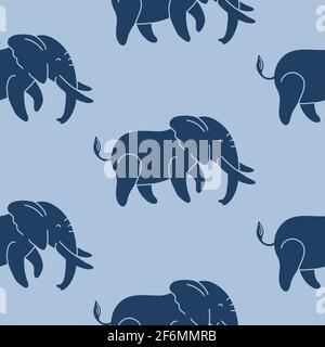 Dark blue elephants on a blue background seamless vector pattern. A repeating pattern for textiles, wallpaper, wrapping paper, apparel, and packaging. Stock Vector
