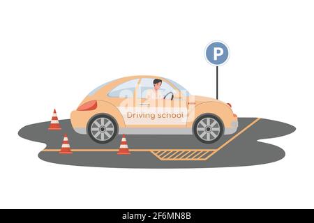 Driving school vector flat illustration. Happy smiling man driving yellow car and preparing for passing exams for driver license. Male character drive automobile at driving lessons. Stock Vector