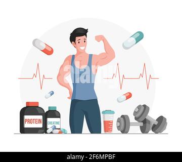 Athlete showing muscles vector cartoon illustration. Bottles and shaker with protein and creatine. Sport food full of vitamins, supplements and minerals. Sportive nutrition, active lifestyle concept. Stock Vector