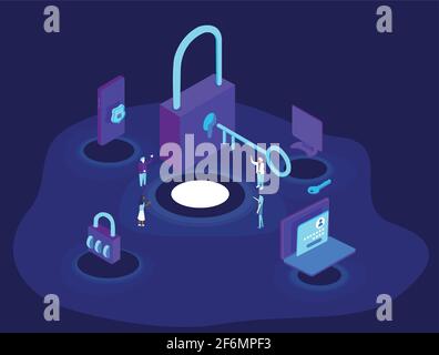 Isometric concept on internet or cyber or network. This illustration shows cyber and network security in different devices and importance of privacy Stock Vector