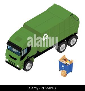 Trash, garbage can with sorted paper garbage and garbage truck. Recycling garbage separation collection and recycled isolated on white background Stock Vector