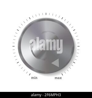 Volume button, music knob with metal aluminium or steel, chrome texture. Vector illustration isolated on white. Stock Vector