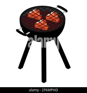Barbecue grill with t-bone steak isolated on white background. BBQ party. Summer time. Meat restaurant at home. Kitchen equipment for menu. Cooking ou Stock Vector