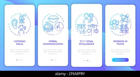 Interpersonal skill self assessment navy onboarding mobile app page screen with concepts Stock Vector