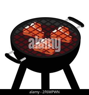 Barbecue grill with t-bone steak isolated on white background. BBQ party. Summer time. Meat restaurant at home. Kitchen equipment for menu. Cooking ou Stock Vector