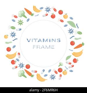 Vitamins round frame vector flat cartoon illustration. Supplements and minerals for health and active lifestyle. Carrot, apple, pear, tomato, broccoli, and banana with bacteria and microflora. Stock Vector