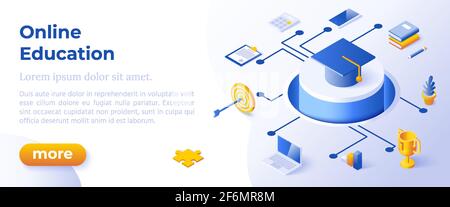 ONLINE EDUCATION - Isometric Design in Trendy Colors Isometrical Icons on Blue Background. Banner Layout Template for Website Development Stock Vector
