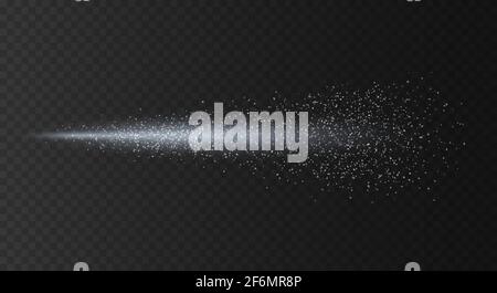Water spray mist. Aerosol jet spraying. Steam or gas jet with particles. Vector illustration on transparent checkered background. Stock Vector