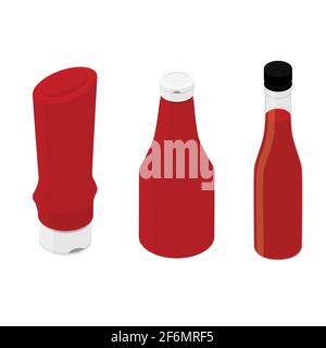 Tomato ketchup and hot sweet chili pepper sauce bottles isolated on white background. Isometric view. Vector Stock Vector