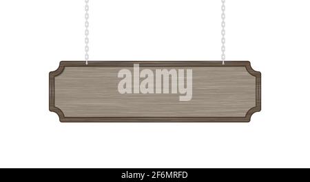 Hanging wood sign. Brown empty signboard on silver metal chains. Vector illustration isolated on white. Stock Vector