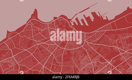Red vector background map, Casablanca city area streets and water cartography illustration. Widescreen proportion, digital flat design streetmap. Stock Vector