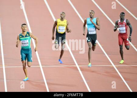 Wayde van Niekerk (RSA, gold), Steven Gardiner (BAH, silver), Abdalelah Haroun (QAT, bronze). 400 metres men, Final. London 2019 Stock Photo