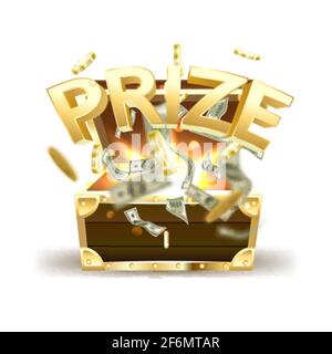 Gold text prize from a chest of coins and cash. Vector. Stock Vector
