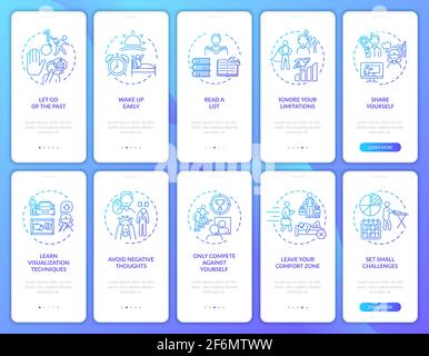 Self-development tips navy onboarding mobile app page screen with concepts set Stock Vector