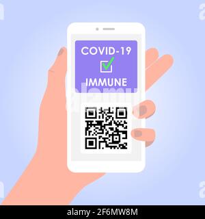 Vaccine passport. Template app for coronavirus Immune passport with QR code on smartphone screen. Hand holding smartphone. Vector illustration on Stock Vector