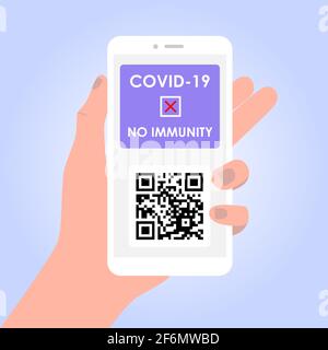 Vaccine passport. Template app for coronavirus Immune passport with QR code and mark no immunity on smartphone screen. Hand holding smartphone. Vector Stock Vector