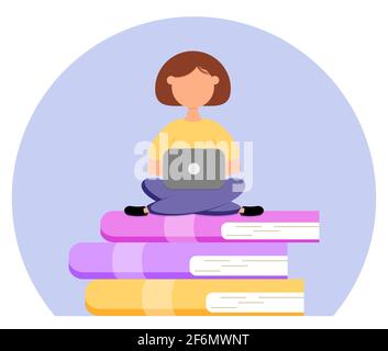 The cute girl with laptop sits on books. Online education or business training concept. Vector stock illustration Stock Vector