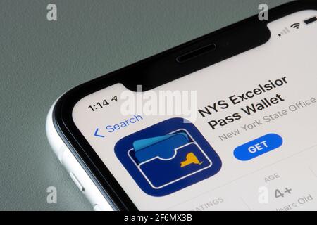 NYS Excelsior Pass Wallet app is seen in the App Store on an iPhone on March 30, 2021. NYS is the first state in the US to launch the pass, which ... Stock Photo