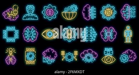 Artificial intelligence icons set. Outline set of artificial intelligence vector icons neon color on black Stock Vector