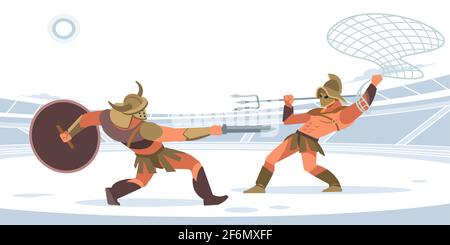 Warriors fighting in the arena of gladiators. Gladiator murmillo Gladius and a retiarius with net and Trident in the arena. Vector isolated Stock Vector