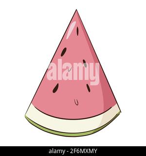 Hand drawn piece of watermelon icon. Pink and green colorful isolated vector illustration. Line drawing, flat style Stock Vector