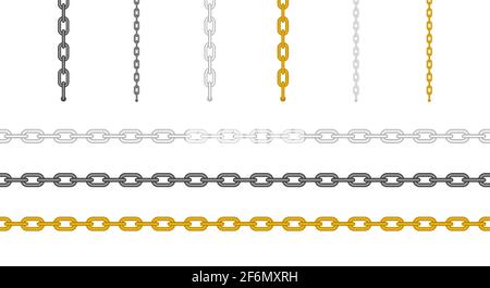 Metal chain set. Horizontal and hanging ones. Gold, silver and black chain. Vector illustration isolated on white. Stock Vector