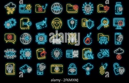 Cyber attack icons set. Outline set of cyber attack vector icons neon color on black Stock Vector
