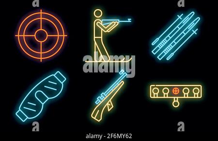 Biathlon icons set. Outline set of biathlon vector icons neon color on black Stock Vector