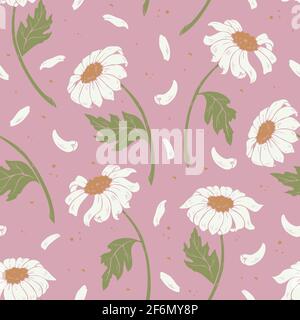 Vector seamless pattern with camomiles with falling petals. Vector flowers design on pink background. Stock Vector