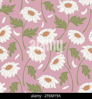 Vector seamless pattern with chamomiles. Vector flowers design on pink background. Stock Vector