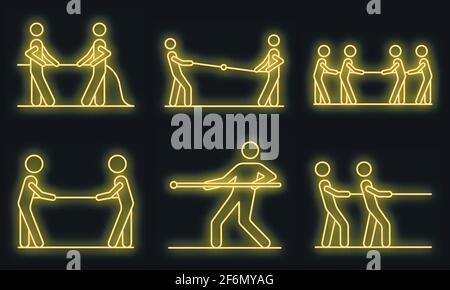 Tug of war icons set. Outline set of tug of war vector icons neon color on black Stock Vector