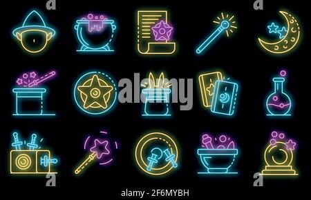 Wizard tools icons set. Outline set of wizard tools vector icons neon color on black Stock Vector