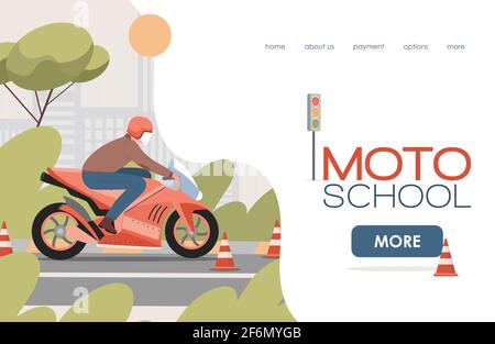 Moto school vector flat landing page template with text space. Man riding on motor bike between caution cones, practicing driving, learn rules to pass driving exams. Motorcycle driving lessons design. Stock Vector