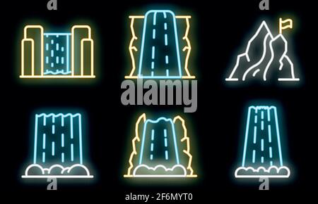 Cascade icons set. Outline set of cascade vector icons neon color on black Stock Vector