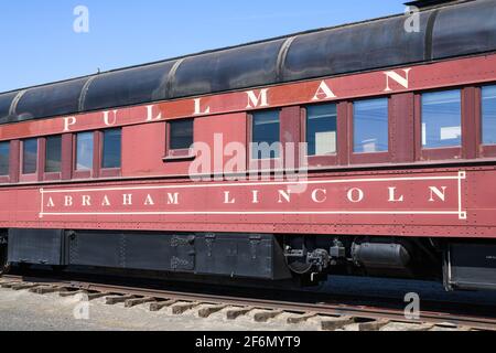 Othello, WA, USA - March 31, 2021; Abraham Lincoln Pullman coach on display in Othello Washington.  This is the oldest working US railroad carriage Stock Photo