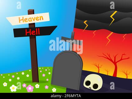 Heaven and hell landscape with signpost, vector art design Stock Vector ...
