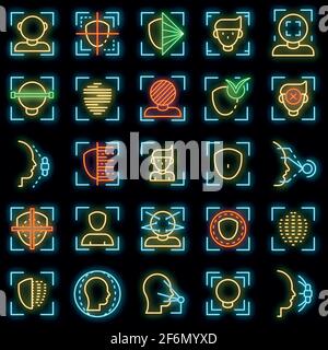 Face recognition system icons set. Outline set of face recognition system vector icons neon color on black Stock Vector