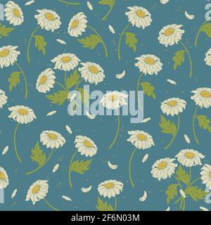 Vector seamless pattern with chamomiles. Vector flowers design on blue background. Stock Vector