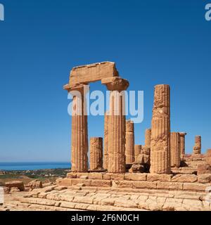 Fragment of Temple of Juno, Temple of Hera Lacinia. Valley of the Temples, Agrigento, Sicily, Italy. Stock Photo