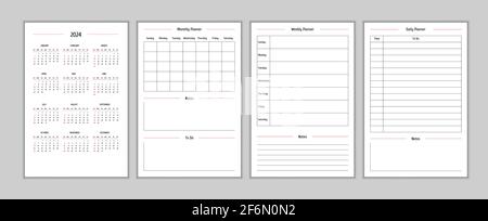 2024 calendar and daily weekly monthly personal planner diary template in classic strict style. Monthly calendar individual schedule minimalism restrained design for business notebook. Week starts on sunday Stock Vector