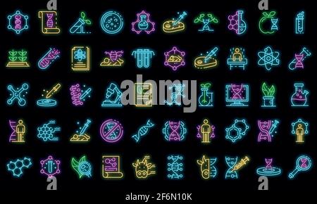 Genetic engineering icons set. Outline set of genetic engineering vector icons neon color on black Stock Vector