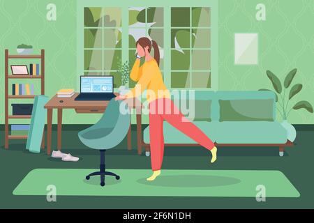 Workout at home office flat color vector illustration Stock Vector