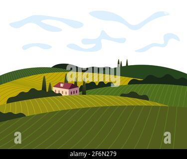 Vineyard wine grapes hills farm poster concept. Romantic rural landscape in sunny day with villa, vineyard fields, plantation hills, farms, meadows and trees. Vector color banner eps illustration Stock Vector