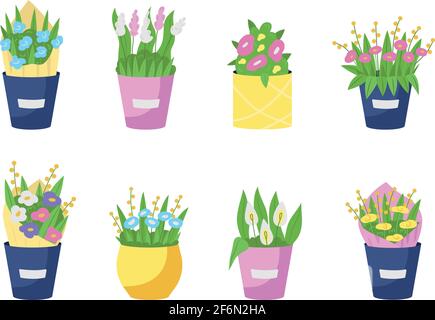 Bouquets in vases flat color vector object set Stock Vector