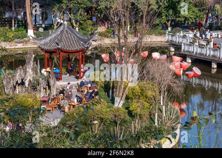 Chengdu, Sichuan province, China - Jan 17, 2021 : People enjoying a sunny day and drinking tea in Culture park. Stock Photo