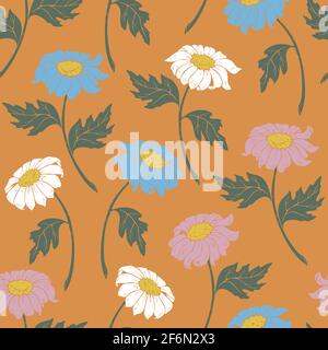 Vector seamless pattern with daisy flowers different colours. Vector flowers design on orange background. Stock Vector