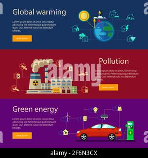Set of flat ecological vector modern illustrations, banners, concept of green energy, global warming, pollution. Stock Vector