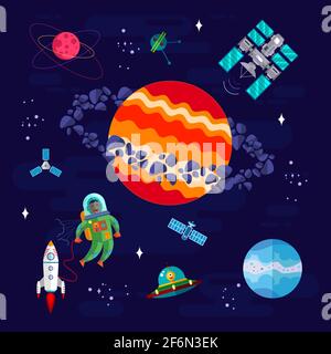 Space, Astronaut and different Research elements with Spaceship, Ufo and Planets.Flat illustration. Stock Vector